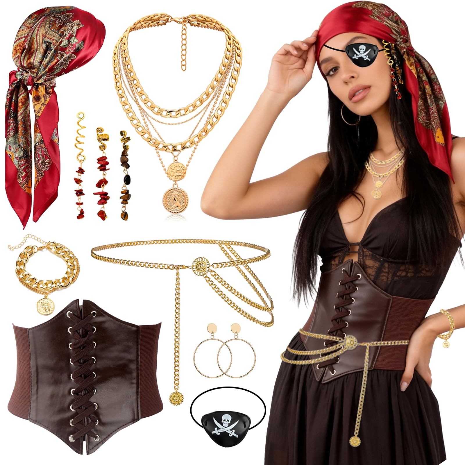 YAEGIMHT 10-Piece Medieval Pirate Costume Set for Women – Pirate Costume Accessory Set with Corset, Headscarf, Waist Chain & Jewelry – Pirate Outfit for Women for Halloween, Carnival, and Mardi Gras
