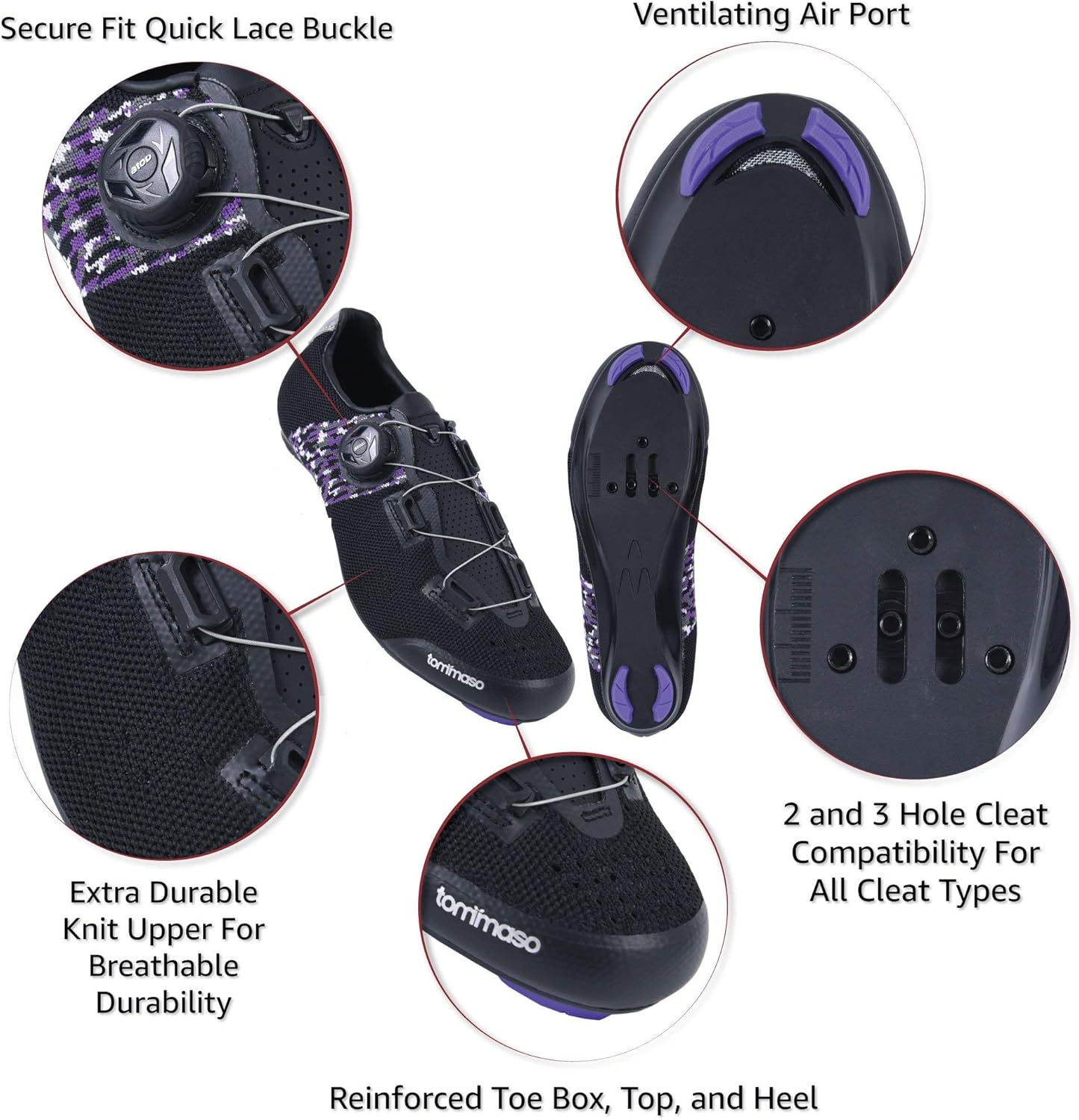  | Tommaso Pista Aria Elite Knit Quick Lace Women's Indoor Cycling Ready Cycling Shoe and Bundle with Compatible Cleat, Look Delta, SPD - Black, Purple | Cycling