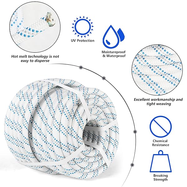 HIGH STRENGTH BRAID ROPE PULLING CORD POLYESTER ARBORIST LINE MULTIPURPOSE BULL RIGGING 5/8 INCH X 150 FEET WHITE GREY BLUE