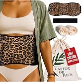 Castor Oil Pack Wrap, Size M-4X, Two Extra 100% Cotton Pads Included | 100% Double-Brushed Cotton Flannel Interior, Leak-Resistant, Reusable, Adjustable, Stylish Cheetah Print Design
