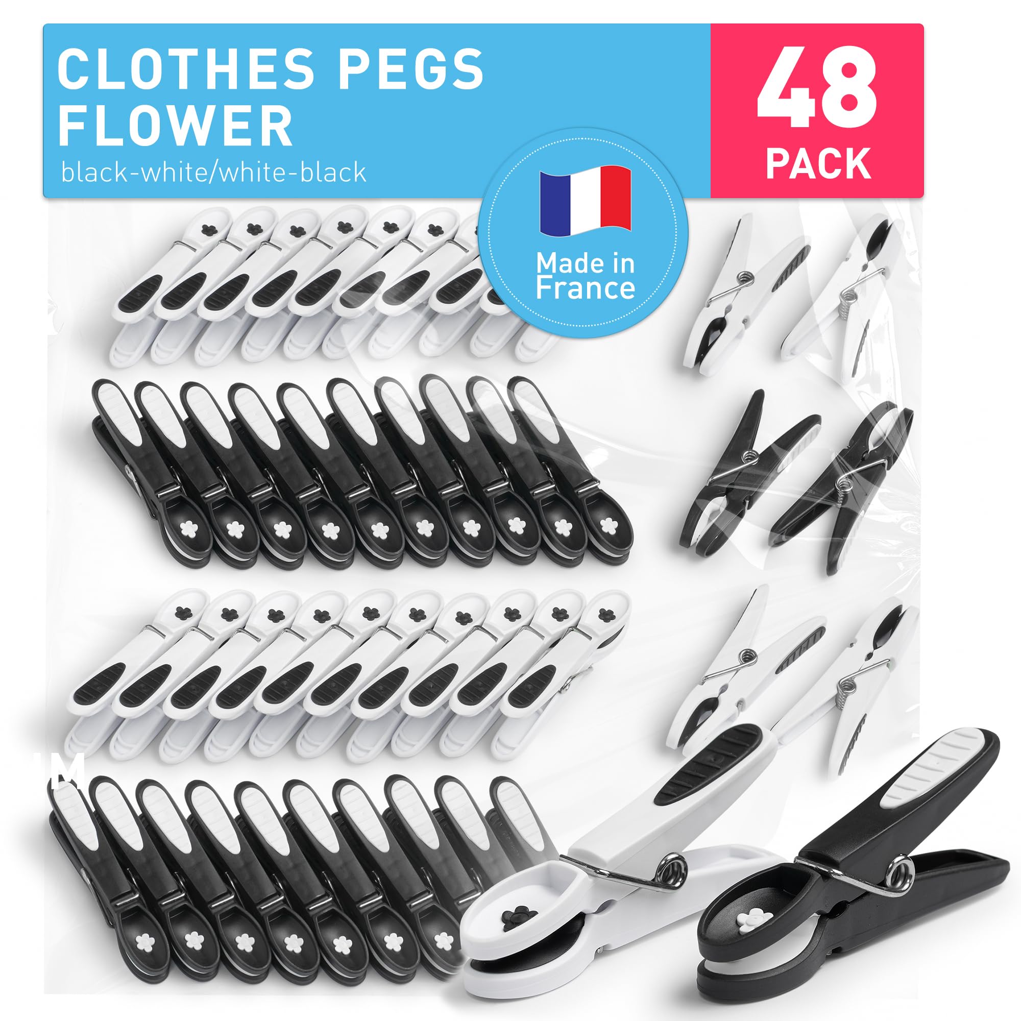 culiclean Clothes Pegs for Washing Line – Strong Soft Grip Washing Pegs Flower – Durable Plastic Laundry Pegs for Indoor, Outdoor Use – Heavy Duty Clothes Clips – 48 Pack – black-white/white-black