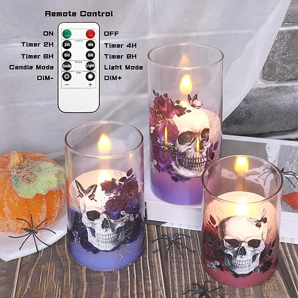 CAFEMOON HALLOWEEN DECOR FLAMELESS CANDLES BATTERY OPERATED LED PILLAR CANDLES WITH REMOTE TIMER, SET OF 3 SKULL ROSE BUTTERFLY DECALS SPOOKY THEMED CANDLES FOR INDOOR HALLOWEEN DECORATIONS