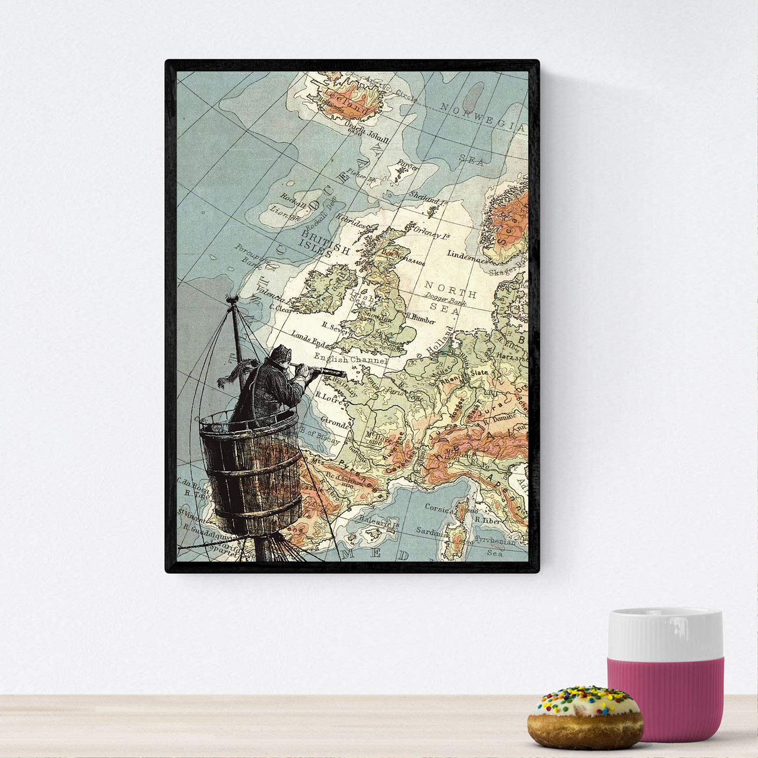 Nacnic Poster Sailor with spyglass. Sheets maps the world. Decorated with vintage maps and images. A4 size