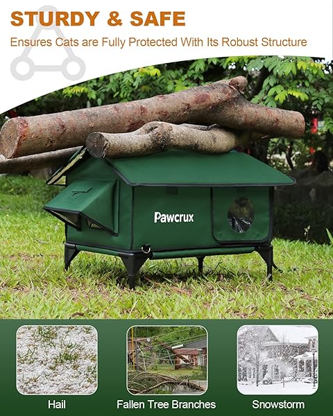 100% WATERPROOF HEATED CAT HOUSE FOR OUTDOOR CAT WITH SAFE ESCAPE DOOR, CAT BED WEATHERPROOF CAT SHELTER KITTY WITH CAT HEATING PAD, INSULATED WARM HOUSE FOR FERAL CAT(GREEN, 24″X16″X20.2″)