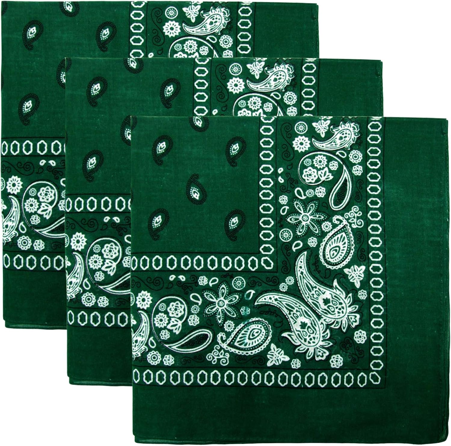 3 PK Cowboy Bandanas 100% Cotton 22 x 22 inch - Hunter Green: Clothing