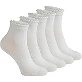 Meeshine Women's Cotton Blend Ruffle Crew Socks - White Frilly Ankle Socks 5-Pack (Size 5-9)