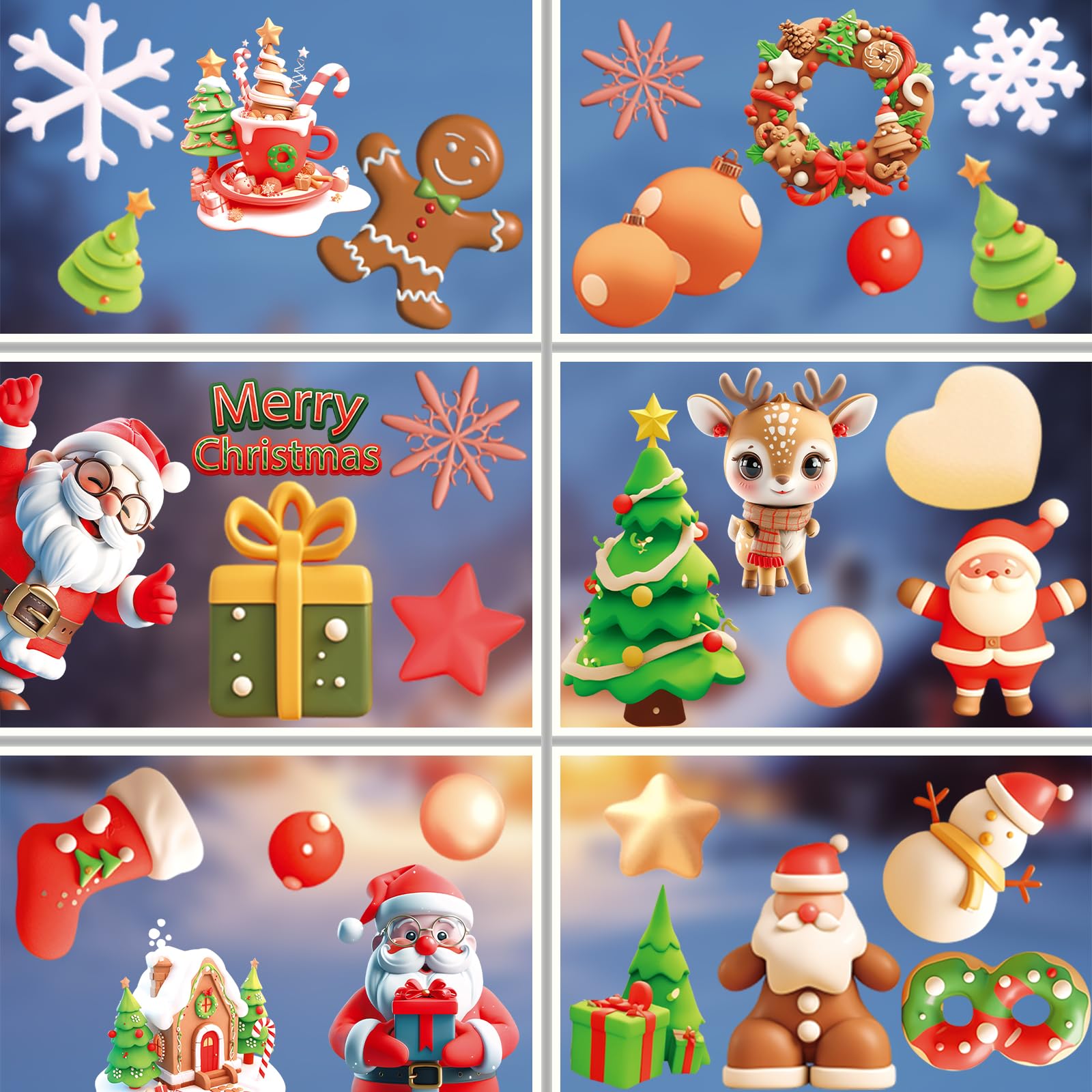 Oeyliz Christmas Window Clings Decorations Glass Windows Christmas Santa Reindeer Snowman Window Stickers Xmas Decorations Windows Decals 9 Sheets 72 PCS Winter Xmas Holiday Home Party Decor Clings