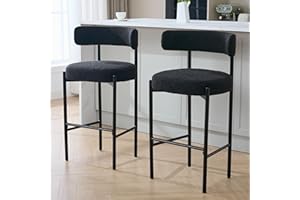 Forsalund Counter Height Bar Stools, 28'' Black Bar Stools Set of 2, Boucle Counter Stools with Back, Boucle Bar Stools for Kitchen Island, Dining Room