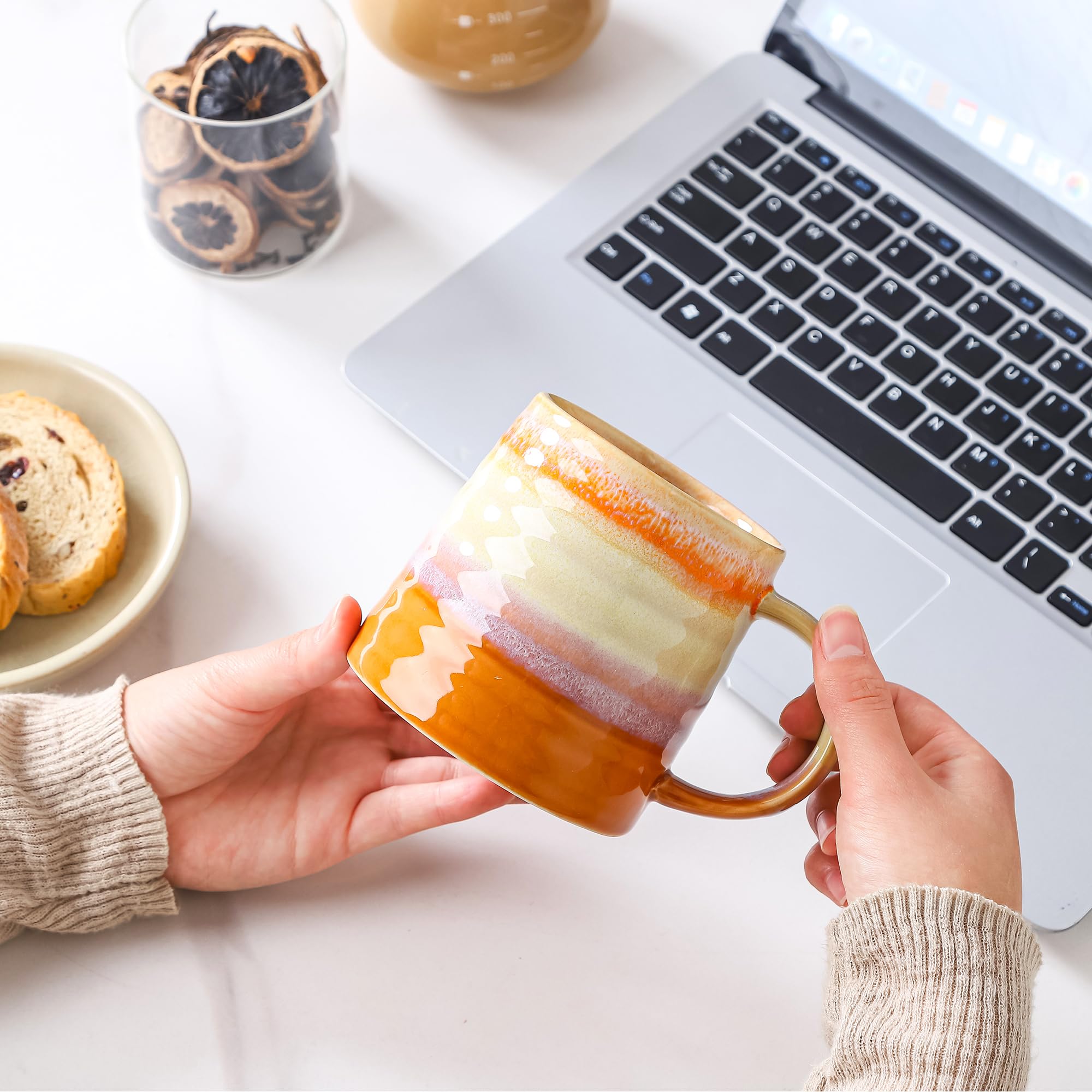 Large Ceramic Coffee Mug, Handmade Pottery Mugs, Tea Cups with Big Handle for Office and Home, 15.5 oz, Dishwasher and Microwave Safe (Orange)