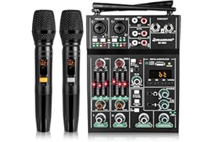 DEJASOUND Pro 5 Channel Audio Mixer Mic Set for Live Streaming, Family Karaoke, Studio Recording, Bluetooth Dual Wireless Microphone System with USB Interface & 48V Phantom Power