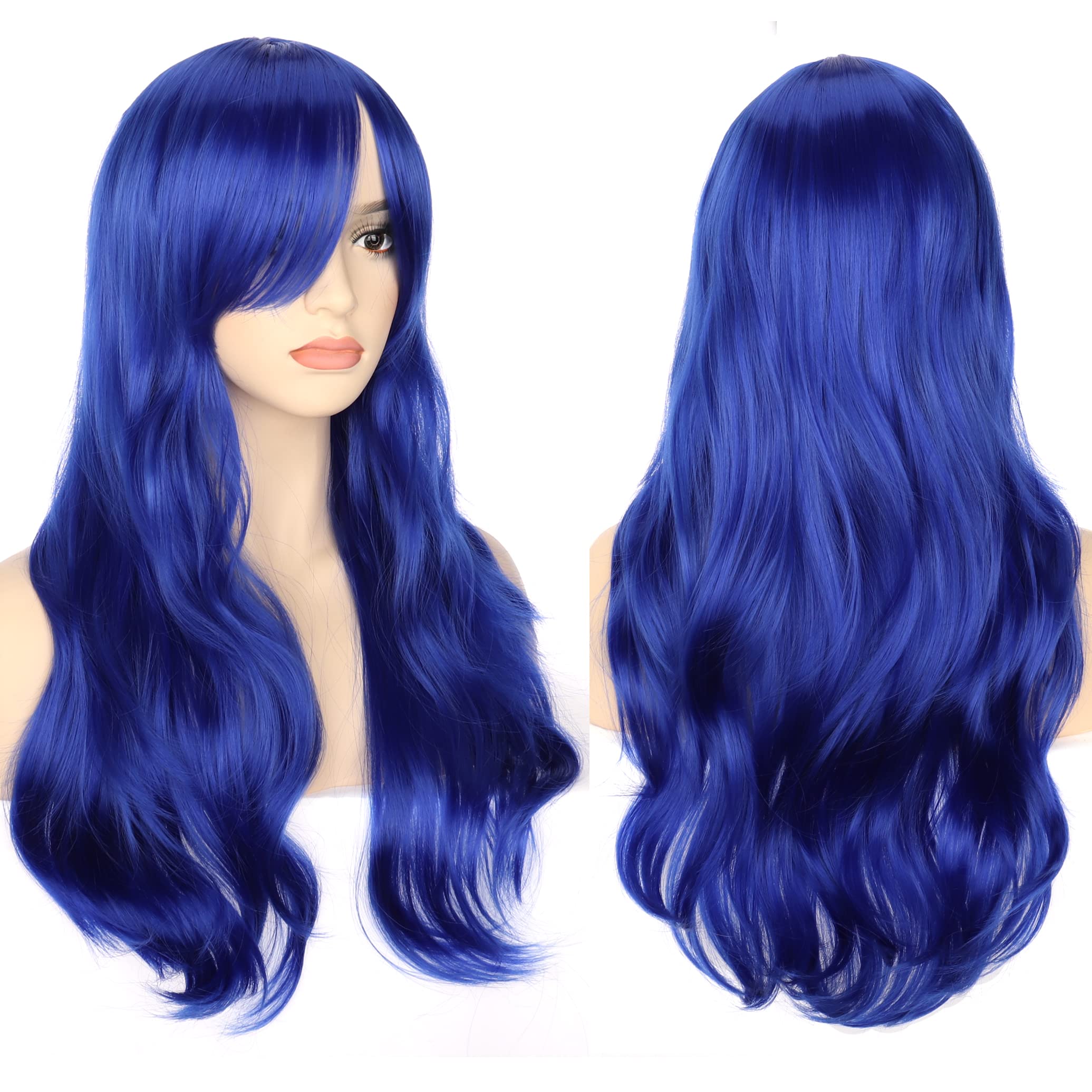 YEESHEDO Women's 28" 70 cm Cosplay Wig Long Wavy Curly Hair Ends with Bangs Wigs for Ladies Heat Resistant Synthetic Wig for Party Costume Anime Halloween (Indigo Blue)