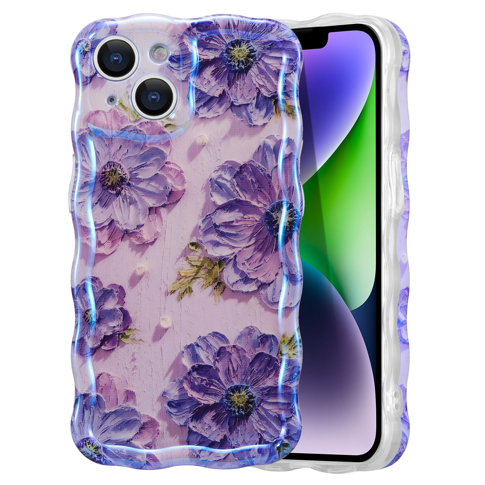 EYZUTAK Case for iPhone 14 Plus/iPhone 15 Plus, Colorful Retro Oil Painting Flower Laser Glossy Cute Curly Wave Edge Exquisite Phone Cover Stylish Durable TPU Protective Case for Girl Women - Purple — image 1