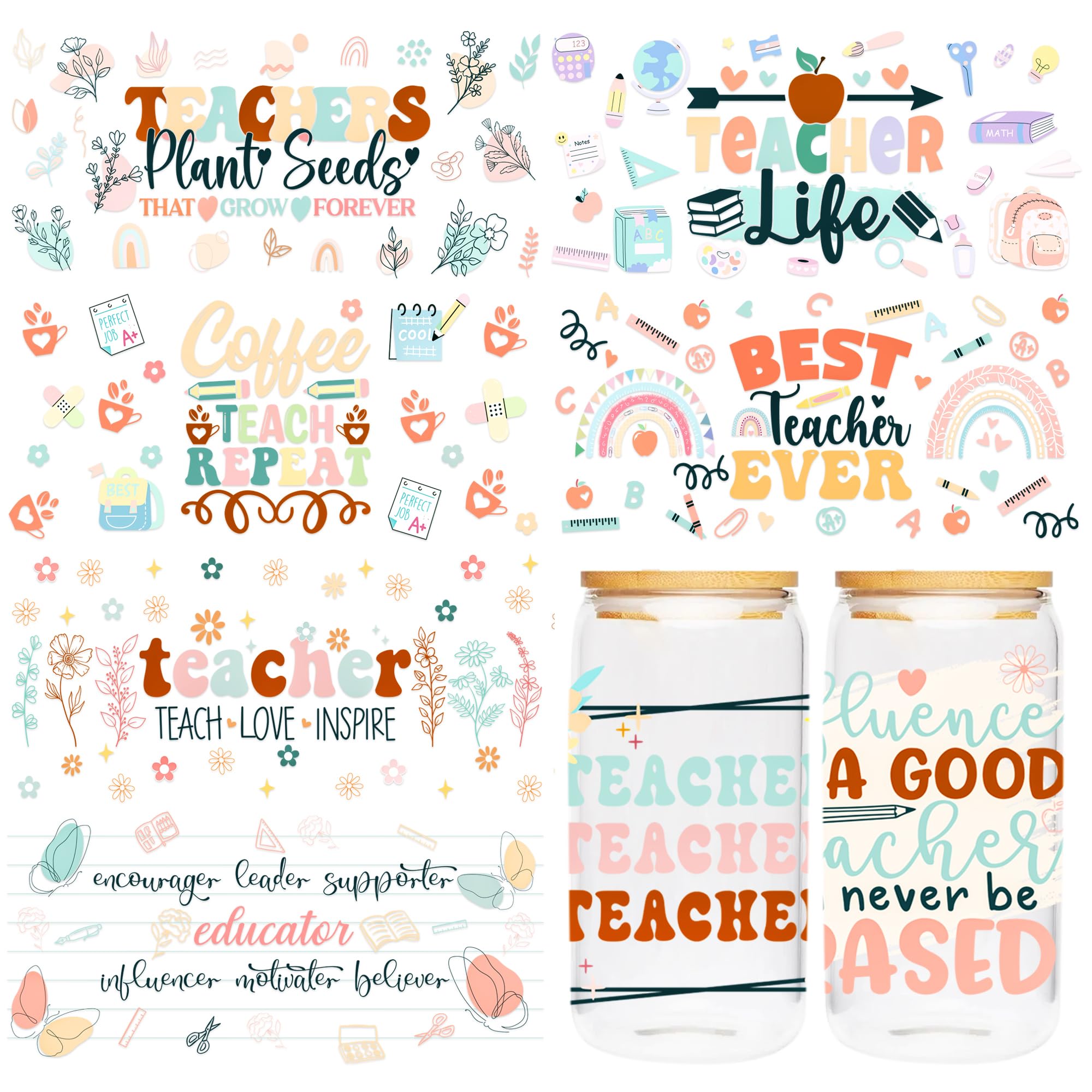 Photo 1 of UV DTF Cup Wraps Transfers - 8 Sheets Teacher Theme UV DTF Transfer Sticker for 16 OZ Glass, Flower Floral, Rainbow, Ruler, Pen, Global, Book Design Rub on Transfer, Gifts for Teacher from Student