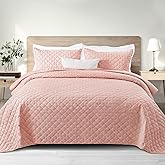 Exclusivo Mezcla Soft Quilt Set Queen Full Size, 3 Pieces Lightweight Quilts Blush Pink Bedspreads Coverlets Bedding Set for All Seasons, Grid Pattern