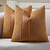 DEZENE Pack of 2 Faux Leather Boucle Throw Pillow Covers 18"x18" Golden Brown Chic Accents Textured Square Decorative Pillow Cases for Living Room Couch Bed Farmhouse Boho Home Decor