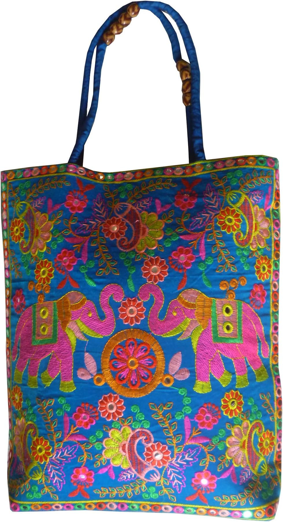 Indian Banjara Bag - Turquiose velvet tote beach bags with embroidered pink elephants and floral mirror work