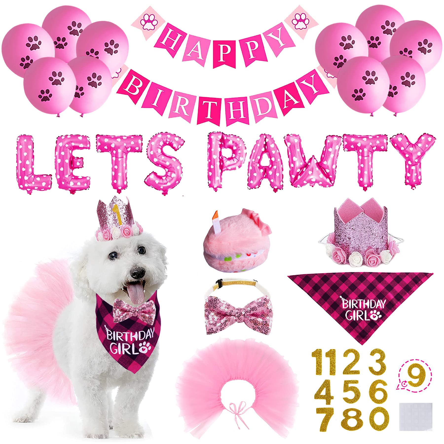 STMK Dog Birthday Outfit, Dog Birthday Bandana Girl with Dog Birthday Number Hat Bowtie Tutu Skirt Cake Toy Lets Pawty Paw Balloons Dog Happy Birthday Banner for Dog Puppy Birthday Party Supplies