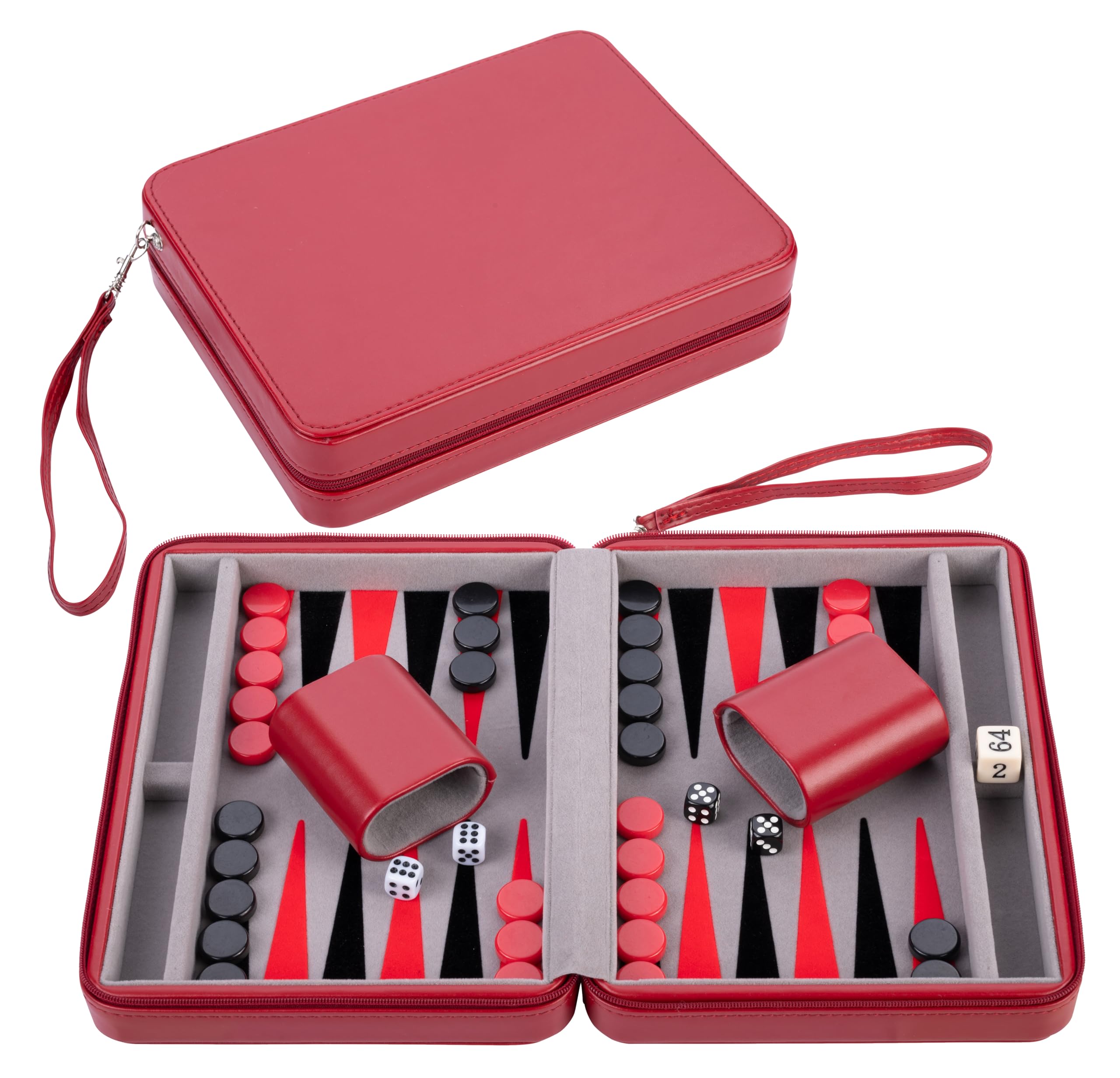 Engelhart – 250500 – Travel Backgammon Set 9-Inch Deluxe with Inlay Felt – Red Zipper Closure (Gray, Black, Red)