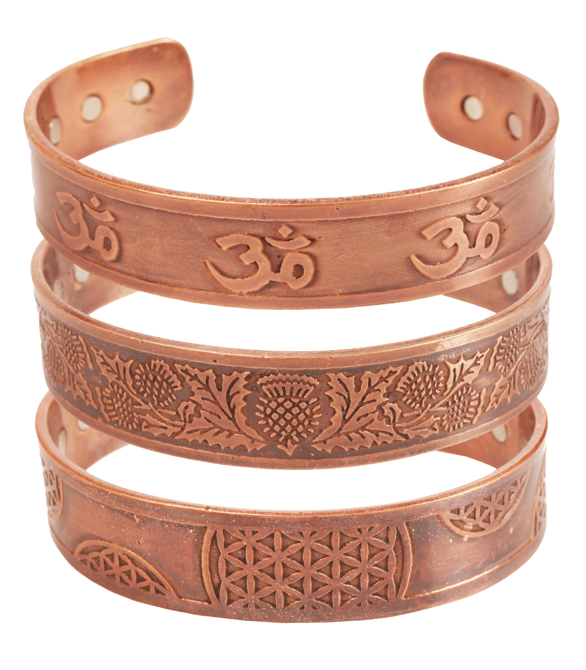 Touchstone copper magnetic bracelet tibetan style. hand forged with solid and high gauge pure copper. set of 3 different designs with Celtic Etching Om Inscribed.