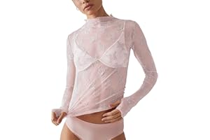 Ugerlov Women's Long Sleeve Mesh Top Mock Neck Sheer Blouse See Through Floral Lace Tops