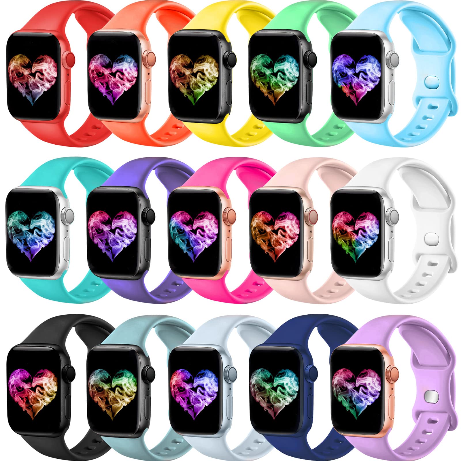 Topokiyu Compatible for Apple Watch Bands 38mm 40mm 41mm 42mm for Women Men, Soft Silicone Sport Band Strap for iWatch Bands Series 11 10 9 8 7 6 5 4 3 SE Ultra, 15Pack