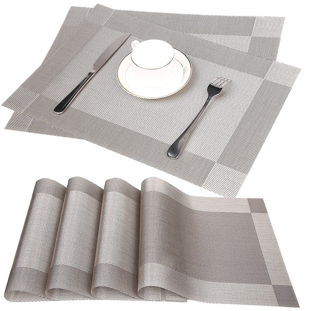 Fontic set of 6 placemats 30 x 45 cm, non-slip, washable, PVC table mats, tear-proof, heat resistant, dirt repellent and washable place mats for kitchen, dining table grey