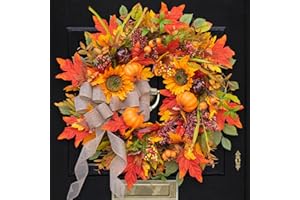 SOOMEIR Fall Wreaths for Front Door Outside 24 Inch Autumn Wreath with Pumpkins, Sunflowers, Maple Leaves, Berries & Burlap Bow Fall Door Wreath, Autumn Wreaths for Front Door, Thanksgiving Halloween Decor