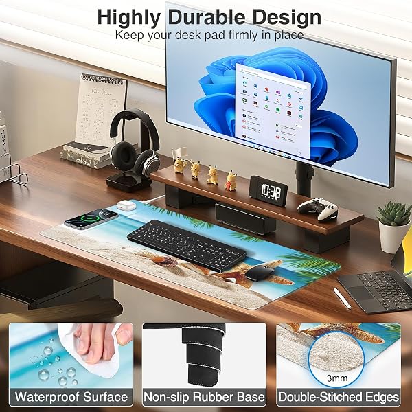 WIRELESS CHARGING MOUSE PAD, 31.5″X15.8″ LARGE GAMING DESK MAT FOR KEYBOARD/LAPTOP, WATERPROOF ULTRA-SMOOTH SURFACE, NON-SLIP BASE, WITH 20W PD ADAPTER, SUMMER BEACH