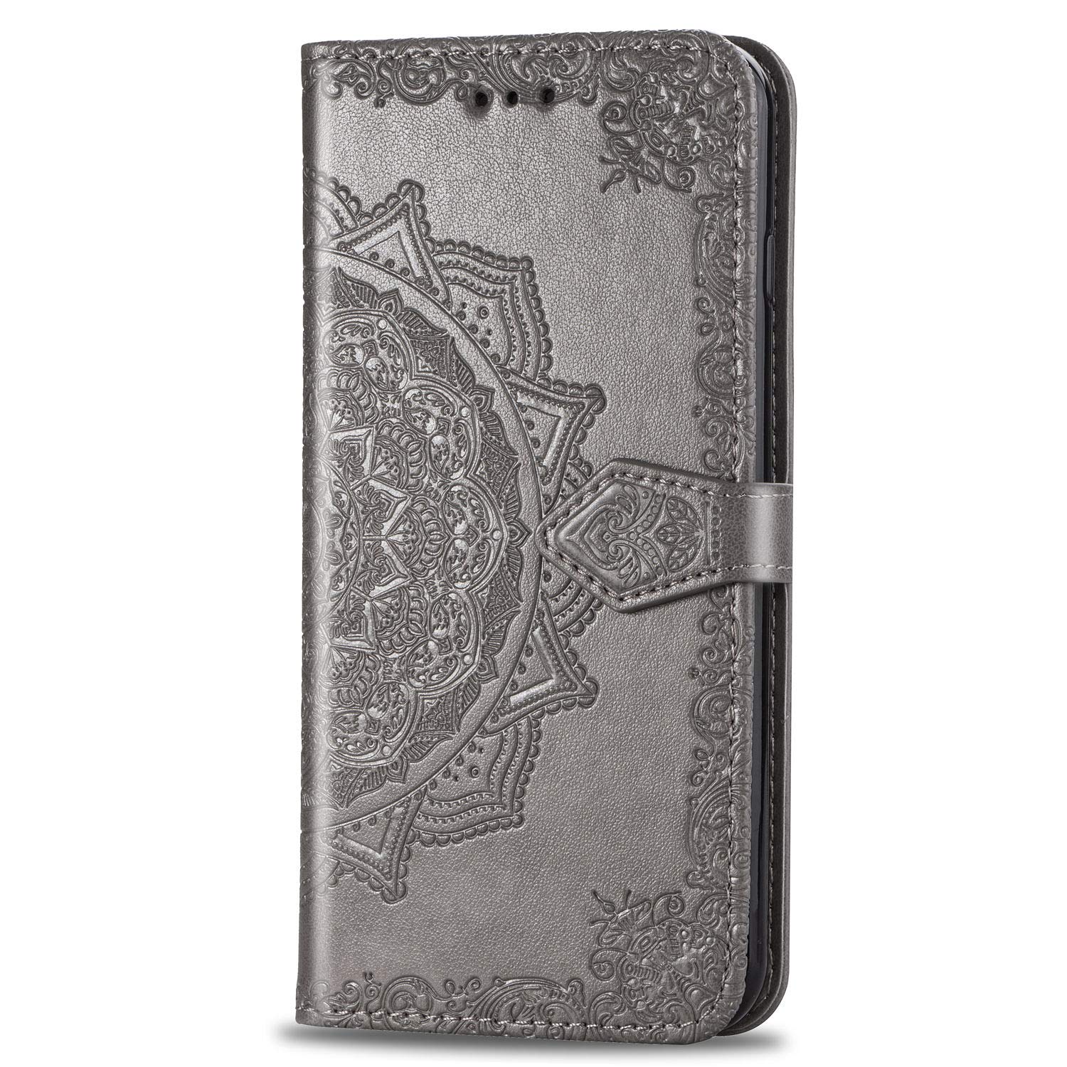 3C Collection Samsung A50 Wallet Case Grey Mandala, Galaxy A50 Flip Case with Card Holder, Patterned Faux Leather Phone Cover with Magnet Kickstand & Wrist Strap for Samsung Galaxy A50 Case Women