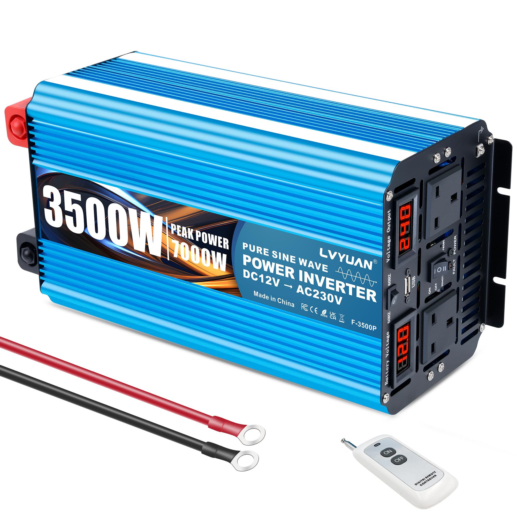 LVYUAN Inverter Pure Sine Wave Power Inverter 3500W /7000W DC 12V to AC 230V/240V converter with wireless remote controller & dual AC outlets & USB for RV Truck Car