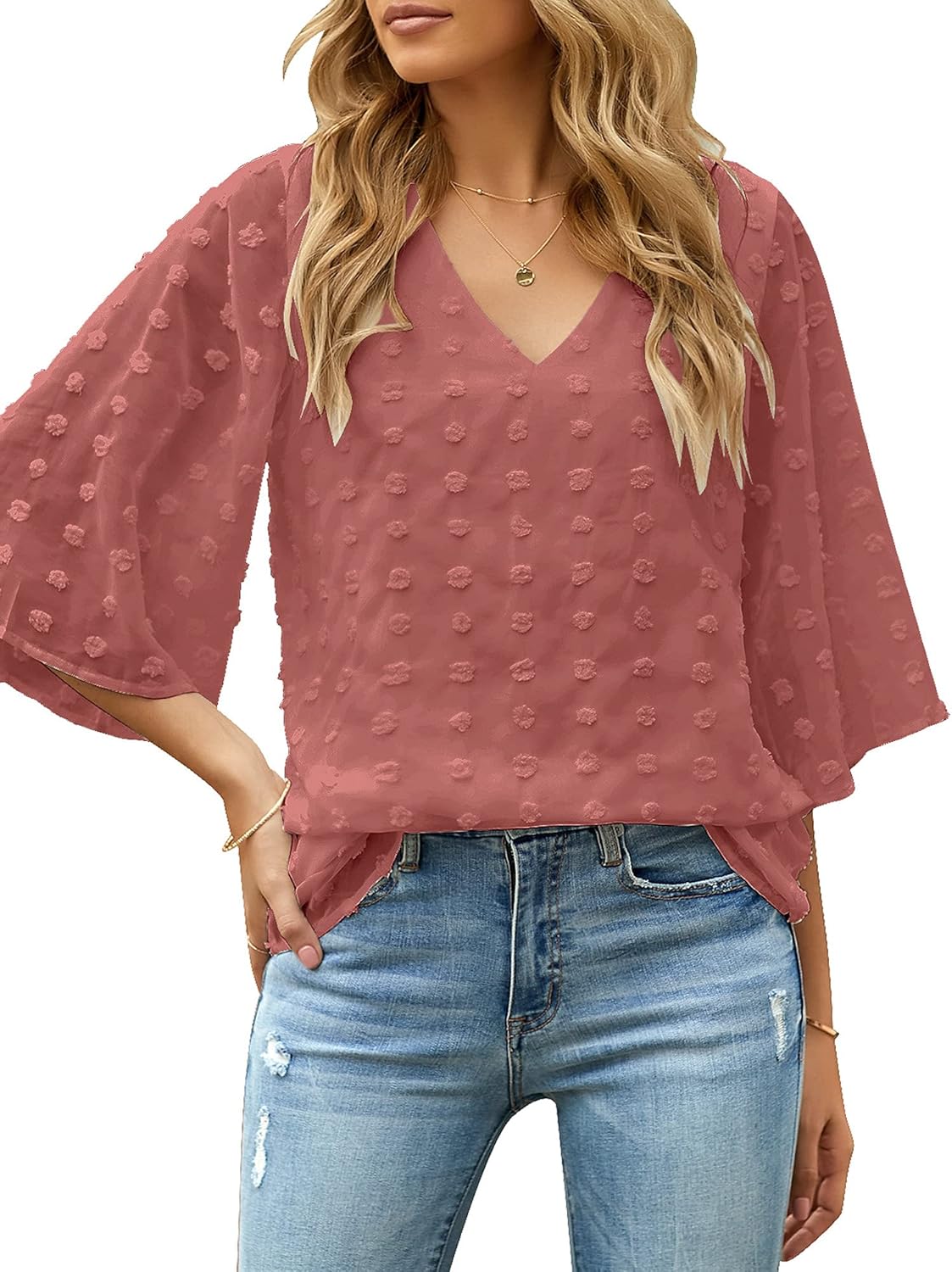 Amazon.com: Utyful Women's Summer Casual V Neck Floral 3/4 Bell Sleeve Loose Blouse Chiffon Pom 