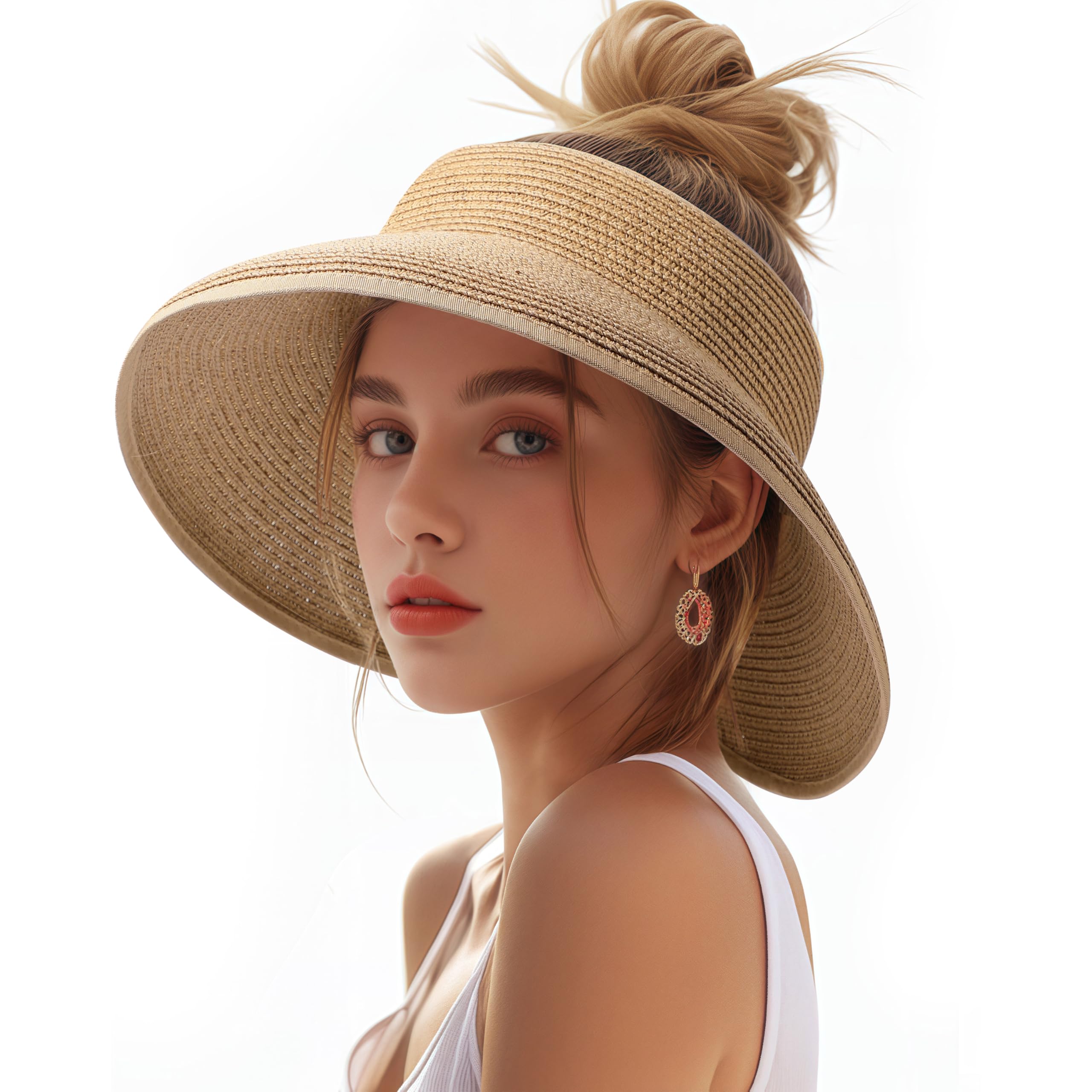 Photo 1 of Sun Visors Hats for Women, Fashionable Straw Beach Hat with Wide Brim, Sun Hat UPF 50+ UV Protection, Roll-Up Ponytail Straw Summer Hat Foldable Travel Khaki