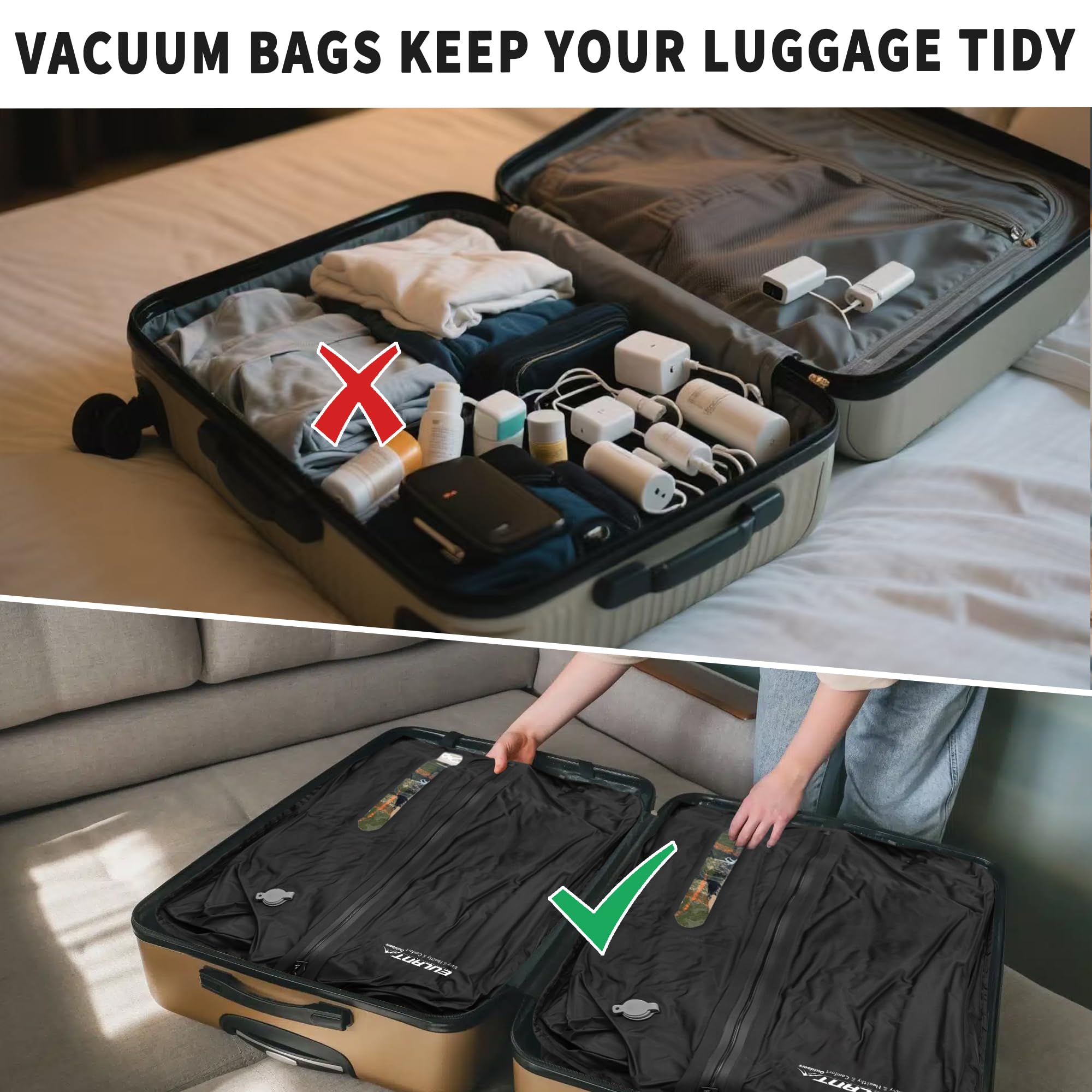 EULANT Wasserdicht Vakuumbeutel für Reisen mit Pumpe, Wiederverwendbare Kompressionsbeutel für Koffer/Gepäck/Rucksack, Vakuumversiegelungsbeutel mit IPX8 Luftdichtem Reißverschluss, Schwarz*2 3