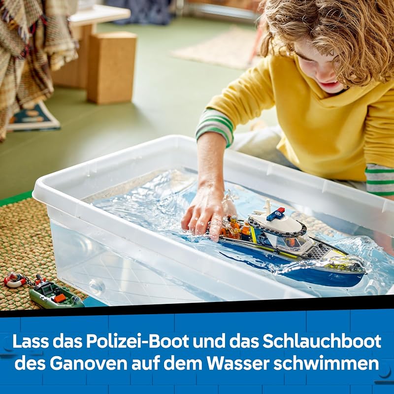 City Verfolgungsjagd im Polizeiboot – Spielset mit schwimmfähigem Schnellboot, Schlauchboot des Ganoven, 3 Mini-Figuren und Einer Haifigur – Geschenk für Jungen und Mädchen ab 6 Jahren – 60456