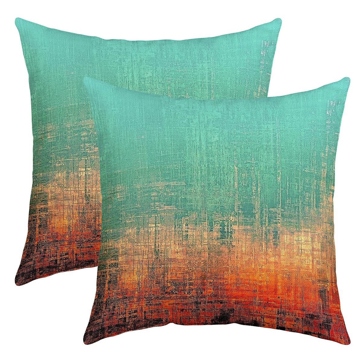 Vintage Abstract Throw Pillow Covers 16"x16" Set of 2 Soft Green and Brown Messy Rust Painting Pillow Cases Cushion Covers For Living Room Modern Grunge Art Decorative Throw Pillowcases for Sofa