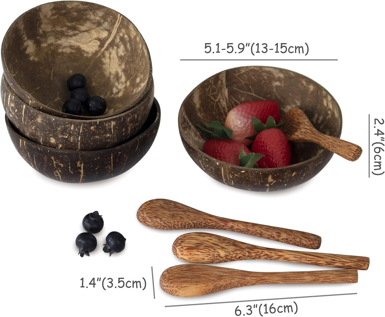 Coconut Bowls And Wooden Spoon Set | Vegan Organic Salad Smoothie Buddha Acai Bowl for Kitchen, Dining and Decoration (4): Kitchen & Dining