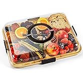 Charcuterie Board with Clear Lid, Portable Cheese Board with Dust-Proof Cover, Reversible Bamboo Cutting Board & Snack Tray, Easy-Open Latches for Picnics, Parties, Housewarming Gifts (6 Compartments)