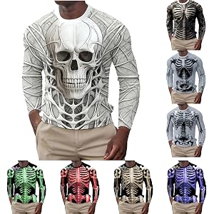 Skeleton Shirt Men Long Sleeve Crewneck Skull Print Light Weight Tshirts for 2026 Halloween Novelty Costumes