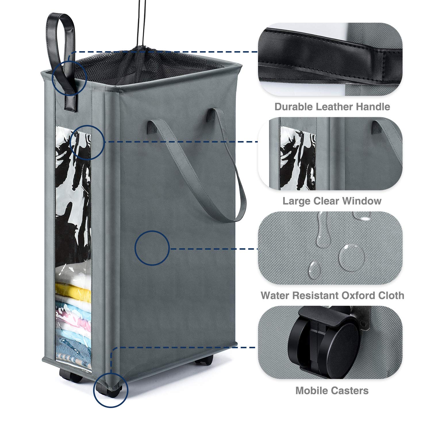 HOUSE DAY Grey 62L Slim Tall Laundry Basket with 360 Degree Swivel Wheels and Durable Handle, Waterproof Rolling Laundry Basket Hamper with Breathable Mesh Cover and Clear