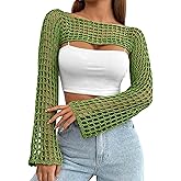 CAMNOW Womens Crochet Crop Tops Y2k Knit Shrug Sweater Hollow Out Long Sleeve Bikini See Through Cover Ups