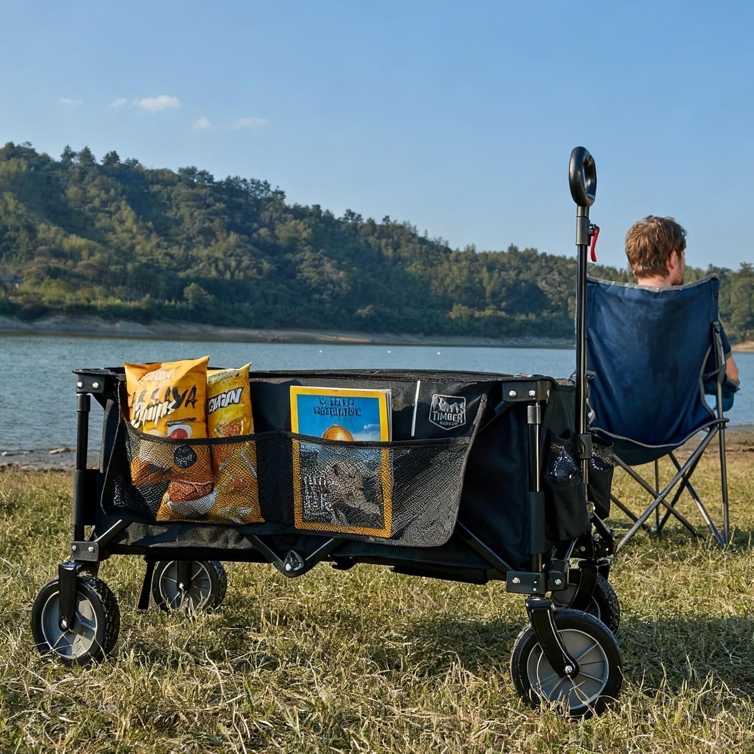 TIMBER RIDGE XXL Bollerwagen Faltbar Transportwagen mit Seitentasche Getränkehalter verstellbarem Griff, Gartenwagen für Alle Gelände, Draussen Camping Einkaufen 2