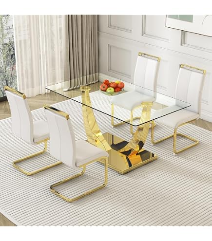 Ensemble Table à Manger 6 Personnes Avec Chaises - Design Moderne Marbre Et Métal Doré - 140x70cm - 2