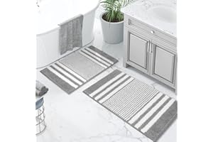 Tindbea Bathroom Rugs Set 2 Piece, Extra Soft and Absorbent Fluffy Striped Chenille Bath Mat Rug Set, Non Slip Bathroom Floor Mat, Machine Washable (20" x 32" Plus 16" x 24", Gray)