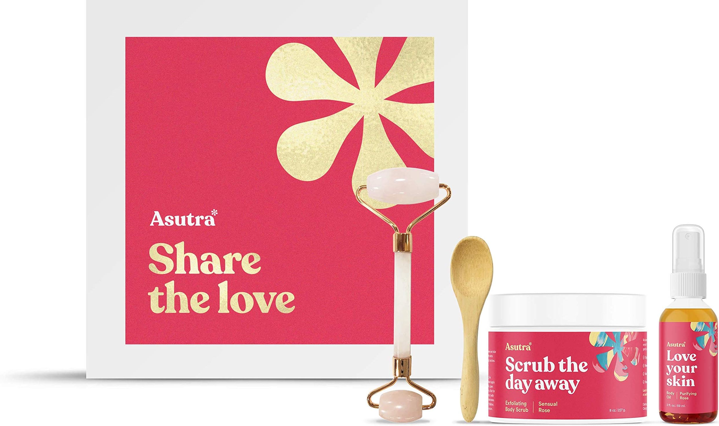 ASUTRA Share the Love Exfoliator & Oil Kit, 4 items | Includes Rose Quartz Face Roller + Sensual Rose Body Scrub + Rose Body Essential Oils Spray  + Wooden Spoon | Hydrating, Gentle, Moisturizing