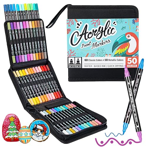 APOGO 50 Colours Acrylic Paint Pens Dual Tip, Acrylic Markers for Glass Wood, Rock, Paper, Pottery, Mug, Metal, Fine & Dot Pens Water Based Paint Art Pen with Canvas Bags for Adults