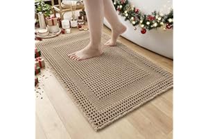 AMOAMI Waffle Bath-Mat, Absorbent Bath Mats for Bathroom Non Slip, Machine Washable Bathroom Rugs with Tassels Ultra Soft Boho Bath Rugs for Floor 17''x24'' Beige