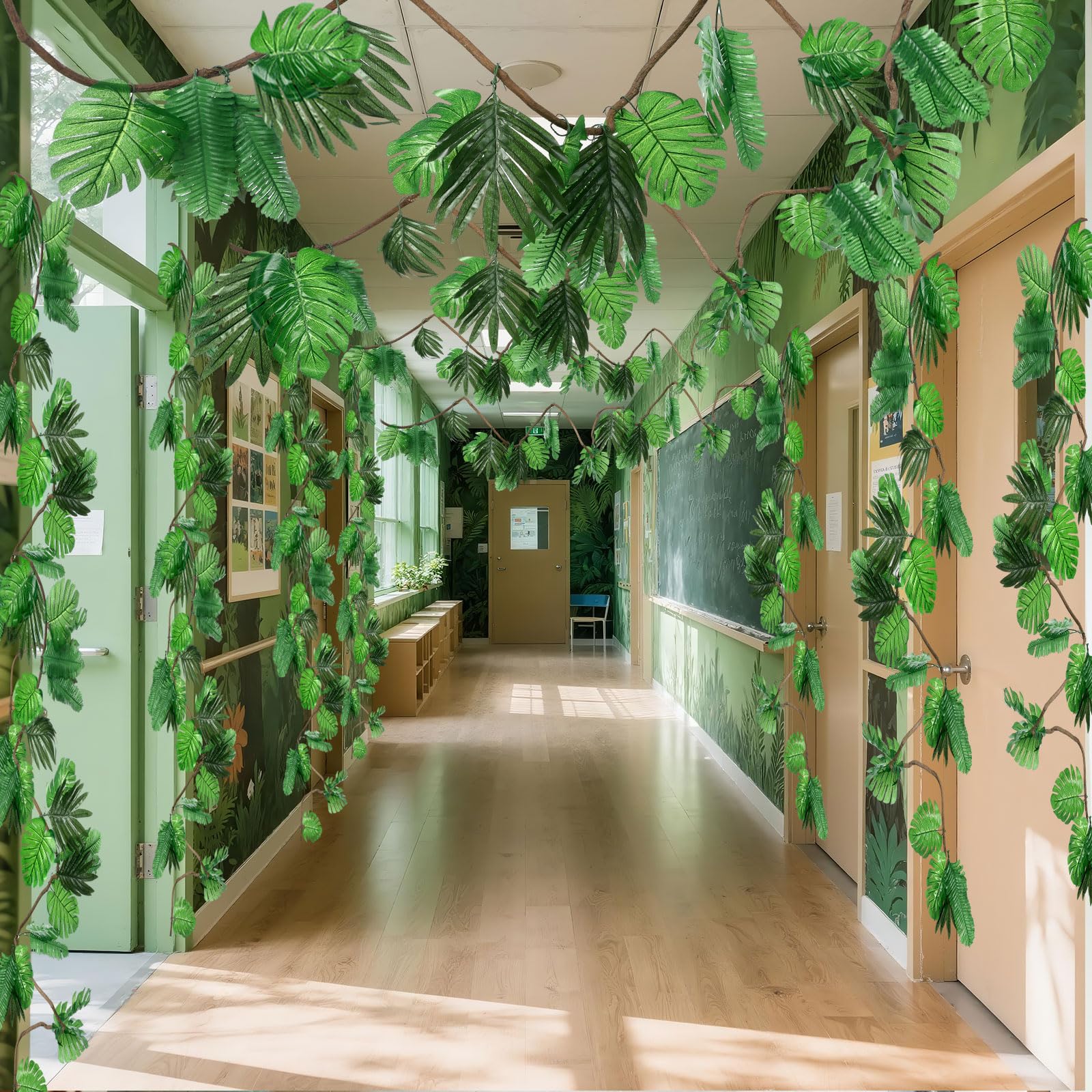 Photo 1 of Preboun 2 Pcs 20ft Jungle Theme Party Decorations Tropical Rainforest Leaves Safari Artificial Rattan Decorations with 100 Pcs Fake Tropical Palm Leaves for Indoor Outdoor Forest Garden Party Decor