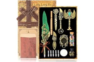 LongLongJin Quill Pen Ink Set with Seal Stamp - Feather Calligraphy Pen Set, Wax Seal Stamp Kit, Calligraphy Copybook, Beginner Calligraphy Lovers All Ages Selection Gift (Green)