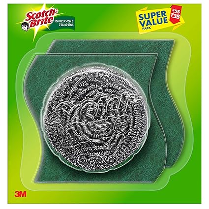 ScotchBrite Stainless Steel and Scrub Pad combo 1 Steel Scrubbers (15g) + 2 Scrub pads.