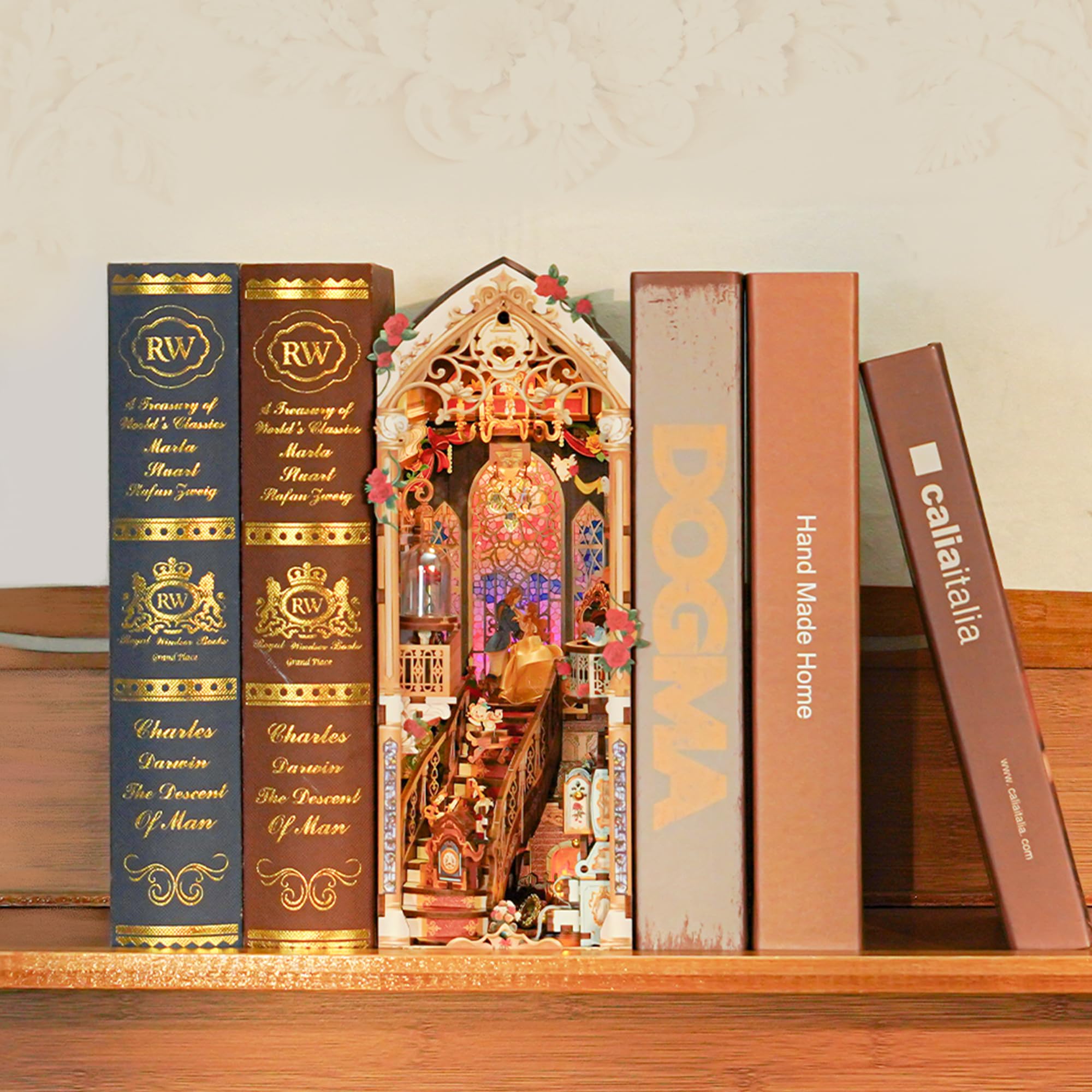 Tonecheer DIY Book Nook Kit for Adults, 3D Wooden Puzzle Music Booknook Miniature Dollhouse, Fairy Tale Bookend Bookshelf Decor with Dust Cover and LED Lights Gifts (Beast‌ and Beauty)